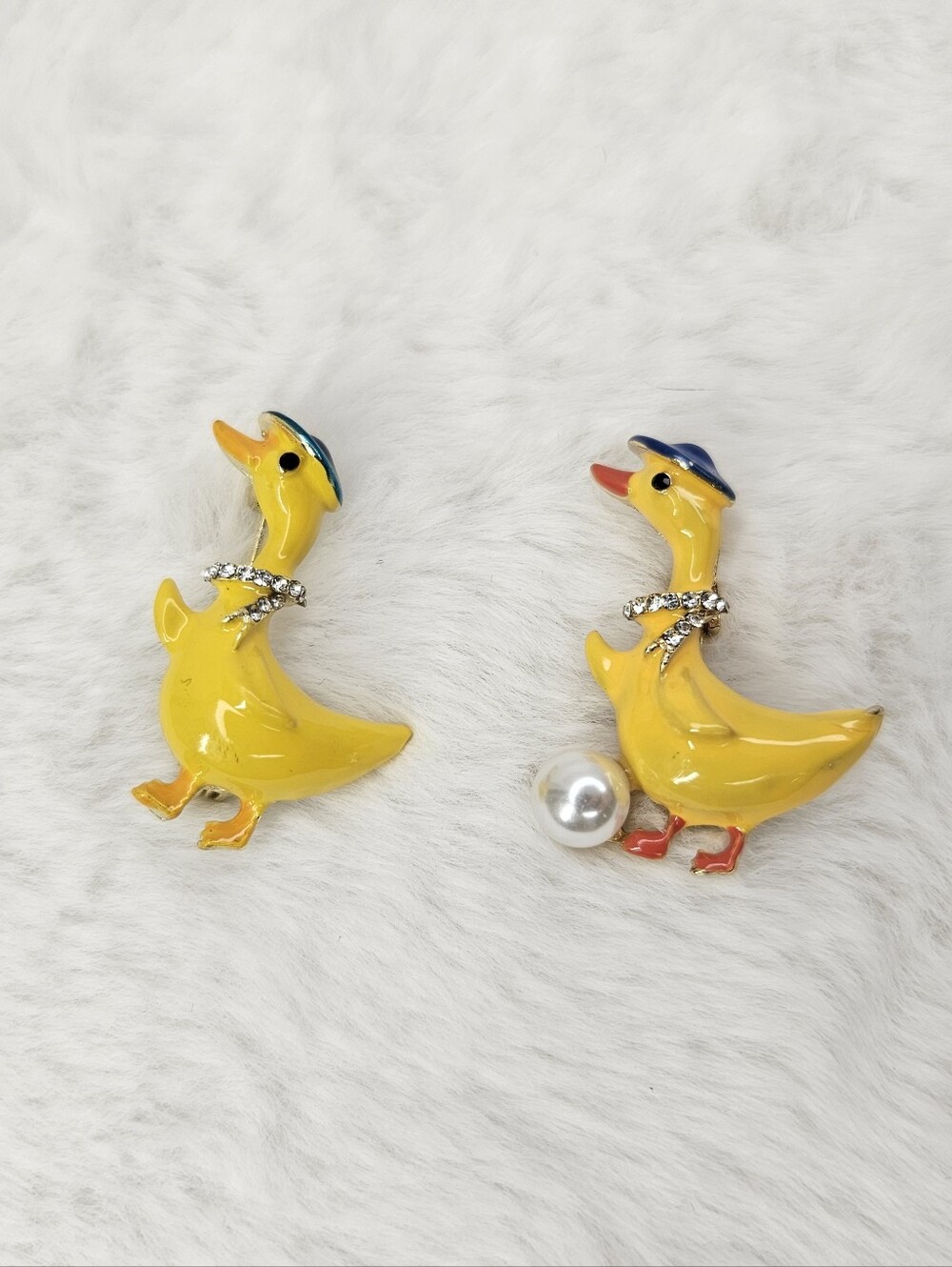 Cute Yellow Duck Brooch Pair with Blue Hats